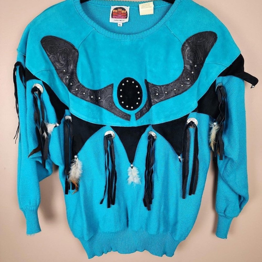 Vintage Miller outwear western blue cow suede fringe feather sweater
